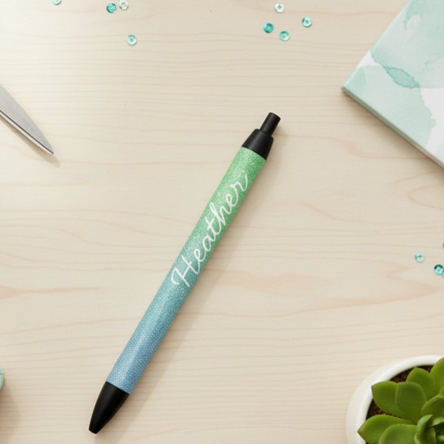 Pretty Personalised Name Ombre Glitter Blue Green Black Ink Pen (Creator Uploaded)