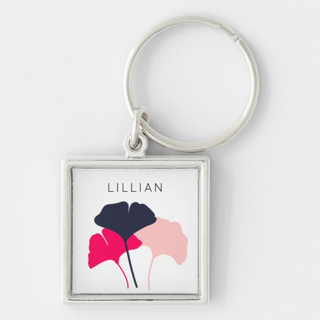 Pretty Personalised Navy Blue & Pink Ginkgo Leaves Key Ring (Front)