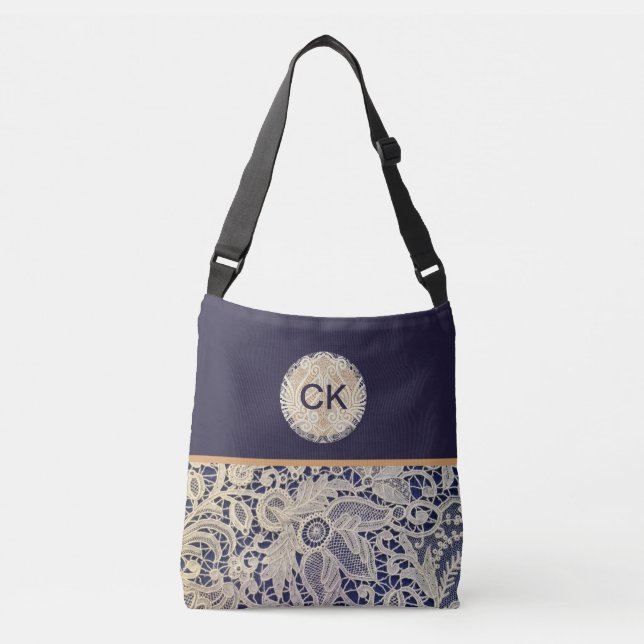 Pretty Personalised Navy with Lace Tote Bag (Front)