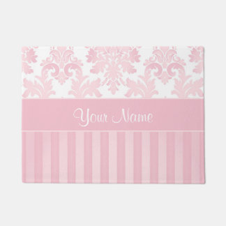 Pretty Personalised Pink Damask and Stripes Doormat