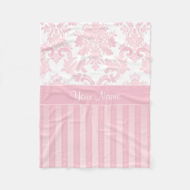 Pretty Personalised Pink Damask and Stripes Fleece Blanket (Front)