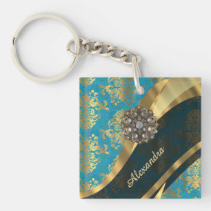Pretty personalized girly aqua damask pattern key ring