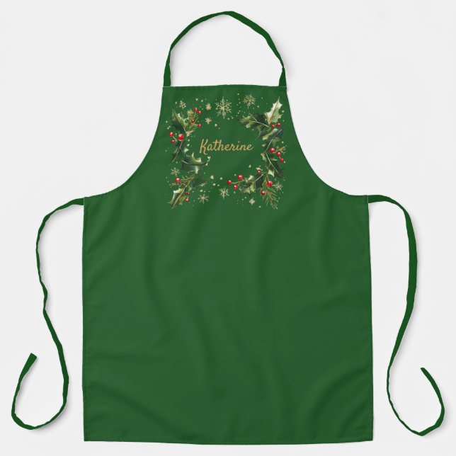 Pretty Personalized Holly & Snowflakes Xmas Apron (Front)