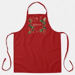 Pretty Personalized Holly & Snowflakes Xmas Apron