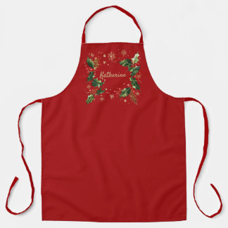 Pretty Personalized Holly & Snowflakes Xmas Apron