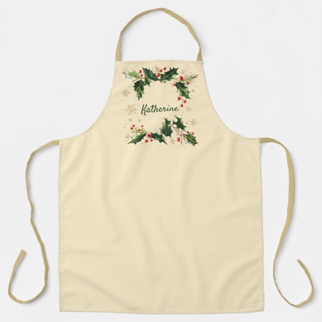 Pretty Personalized Holly & Snowflakes Xmas Apron (Front)
