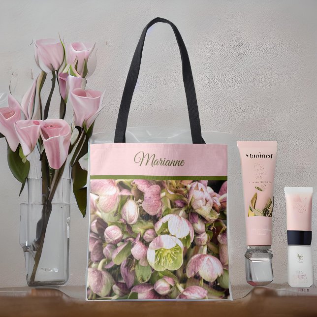 Pretty Personalized Pink and Olive Hellebore Tote Bag (Creator Uploaded)