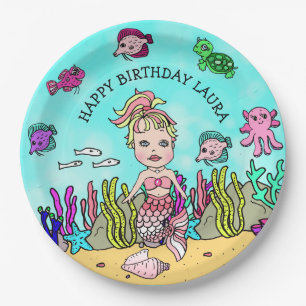 Pretty Pesonalized Pink Blonde Mermaid Birthday Paper Plate