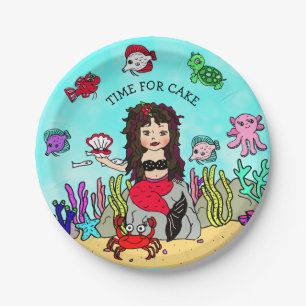 Pretty Pesonalized Red and Black Mermaid Birthday Paper Plate
