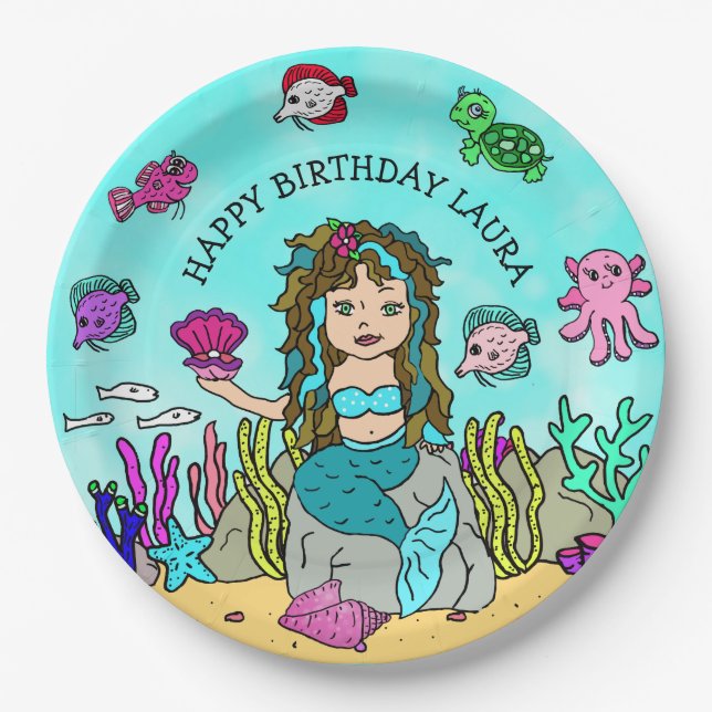 Pretty Pesonalized Turquoise Mermaid Birthday Paper Plate (Front)