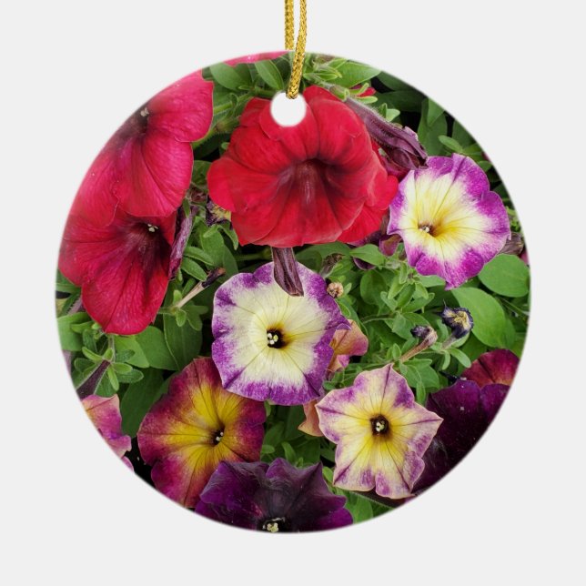 Pretty Petunias Purple and Pink Flowers Christmas Ceramic Tree Decoration (Front)