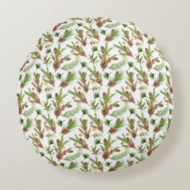 Pretty Pine Cones and Cuttings Botanical Round Cushion (Front)