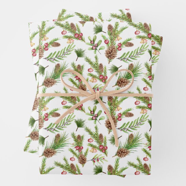 Pretty Pine Cones and Cuttings Botanical Wrapping Paper Sheet (In situ)