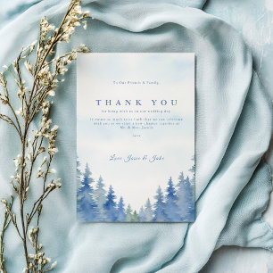 Pretty pine trees winter wedding table thank you card