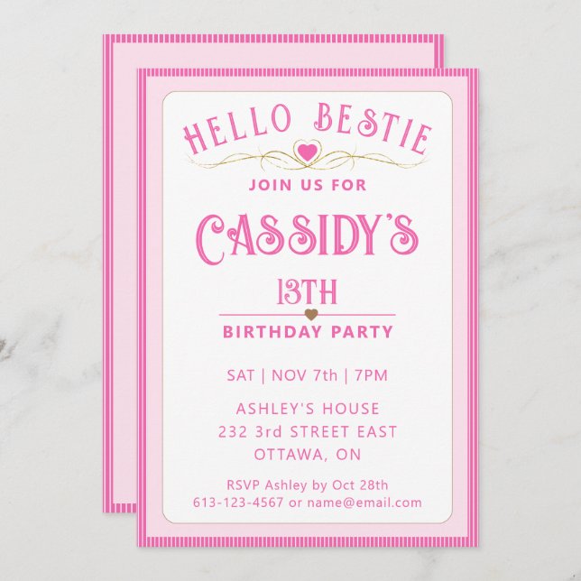 Pretty Pink 13th Birthday  Invitation (Front/Back)