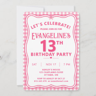Pretty Pink 13th Birthday Party Personalised Invitation