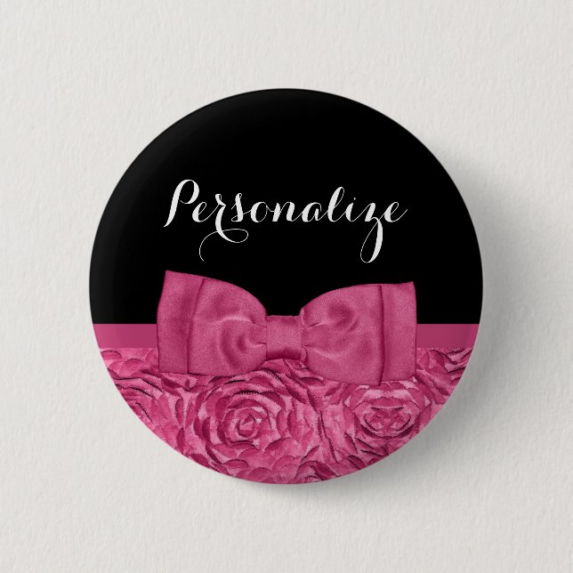 Pretty Pink and Black Rose Floral Chic Bow 6 Cm Round Badge (Front)