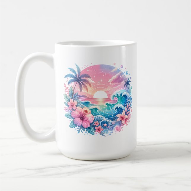 Pretty Pink and Blue Coastal Art Personalised Coffee Mug (Left)