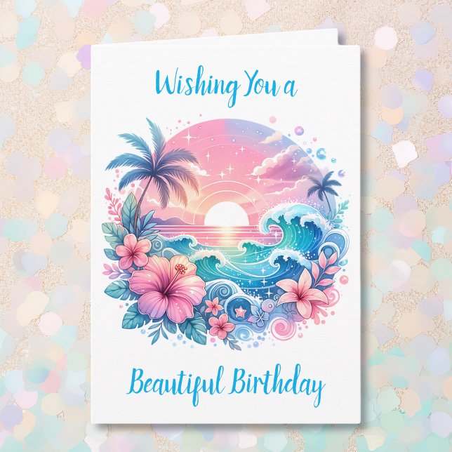 Pretty Pink and Blue Coastal Birthday Card (Creator Uploaded)