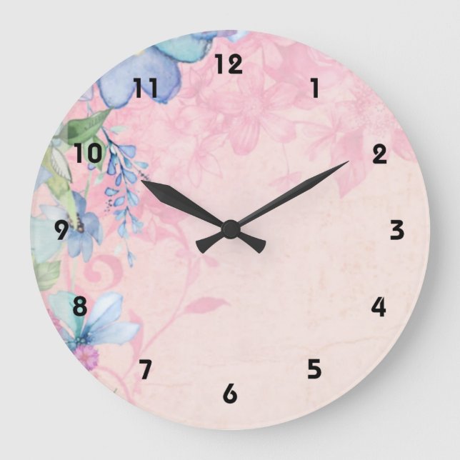 Pretty Pink and Blue Floral Background Large Clock (Front)
