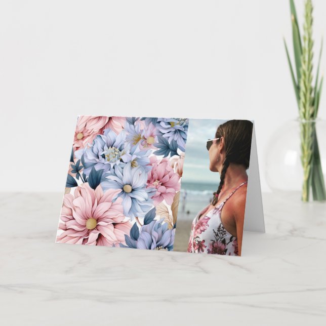 Pretty Pink and Blue Floral  Note Card (Front)