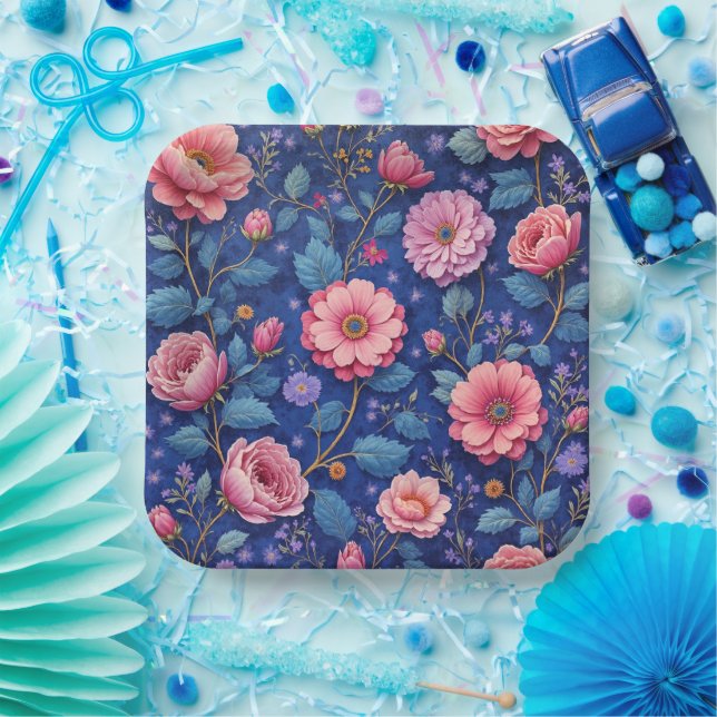 Pretty pink and blue floral pattern paper plate (Party)