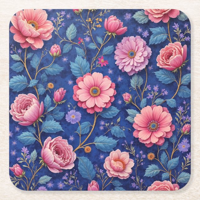 Pretty pink and blue floral pattern square paper coaster (Front)