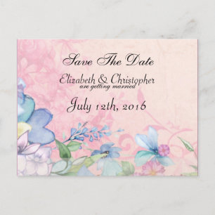 Pretty Pink and Blue Floral  Wedding Save The Date Announcement Postcard