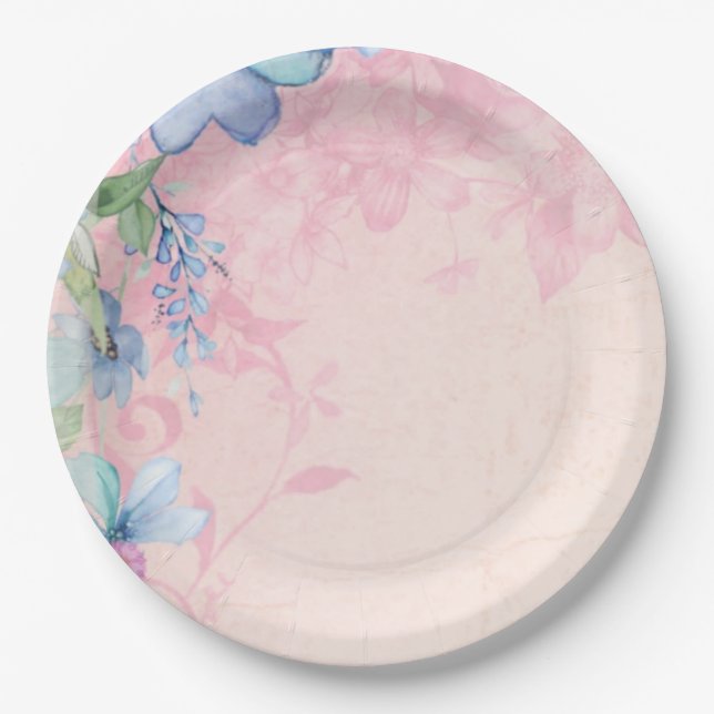 Pretty Pink and Blue Floral Wildflowers Paper Plate (Front)