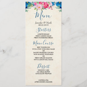 Pretty Pink and Blue Flower Border Wedding Menu Invitation
