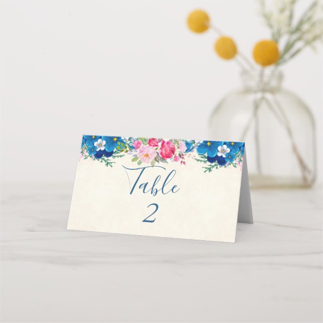 Pretty Pink and Blue Flower Border Wedding Place Card (Front)