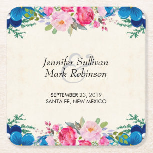 Pretty Pink and Blue Flower Border Wedding Square Paper Coaster