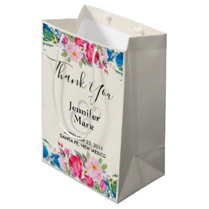 Pretty Pink and Blue Flower Border Wedding Thanks Medium Gift Bag