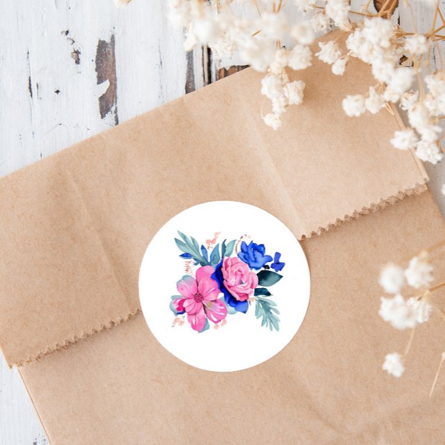 Pretty Pink and Blue Flowers  Classic Round Sticker (Creator Uploaded)