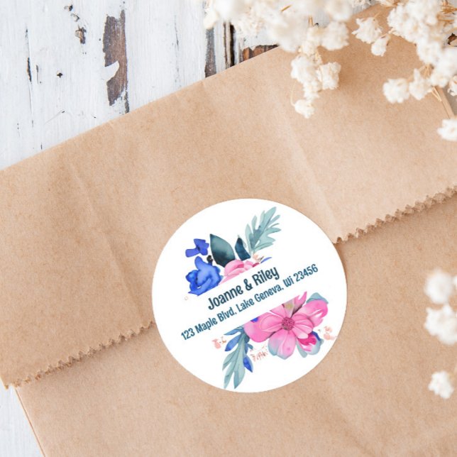 Pretty Pink and Blue Flowers Personalised Classic Round Sticker (Creator Uploaded)