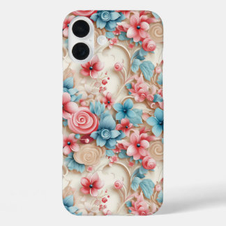 PRETTY PINK AND BLUE ORNATE FLOWERS iPhone 16 PLUS CASE