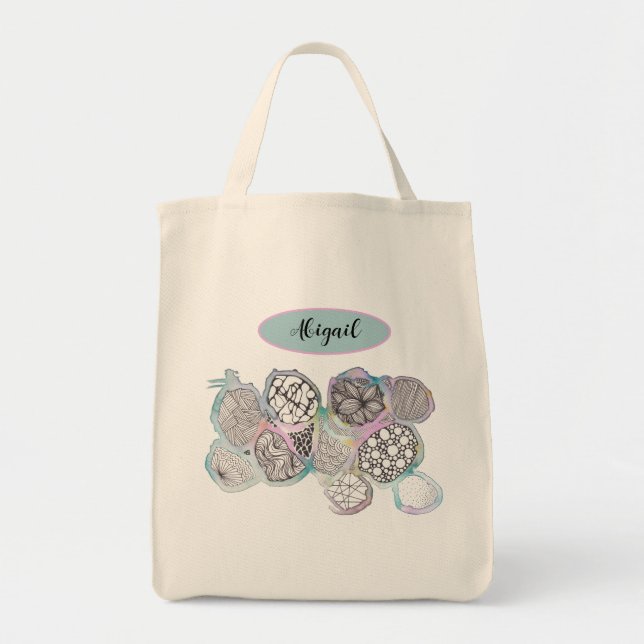 Pretty pink and blue pastel doodle art, your name tote bag (Front)