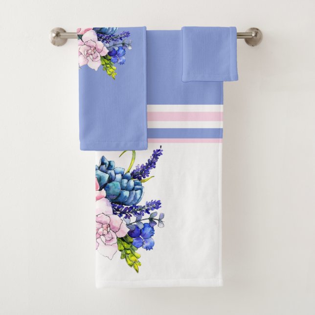 Pretty Pink and Blue Rose Floral Print Bath Towel Set (Insitu)