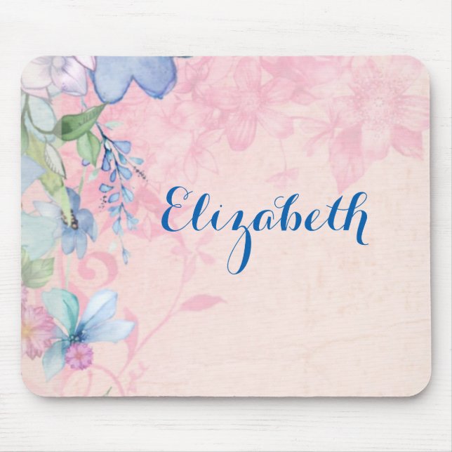 Pretty Pink and Blue Wildflowers Personalised Mouse Pad (Front)