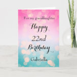 Pretty Pink and Bokeh 22nd Birthday Card<br><div class="desc">A pretty bokeh blue and pink 22nd birthday card for granddaughter,  daughter,  goddaughter,  etc. The front of this pretty 22nd birthday can be easily personalised with her name. The inside card message can also be personalised. This would make a great birthday keepsake for her twenty second birthday.</div>