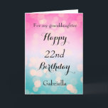 Pretty Pink and Bokeh 22nd Birthday Card<br><div class="desc">A pretty bokeh blue and pink 22nd birthday card for granddaughter,  daughter,  goddaughter,  etc. The front of this pretty 22nd birthday can be easily personalised with her name. The inside card message can also be personalised. This would make a great birthday keepsake for her twenty second birthday.</div>
