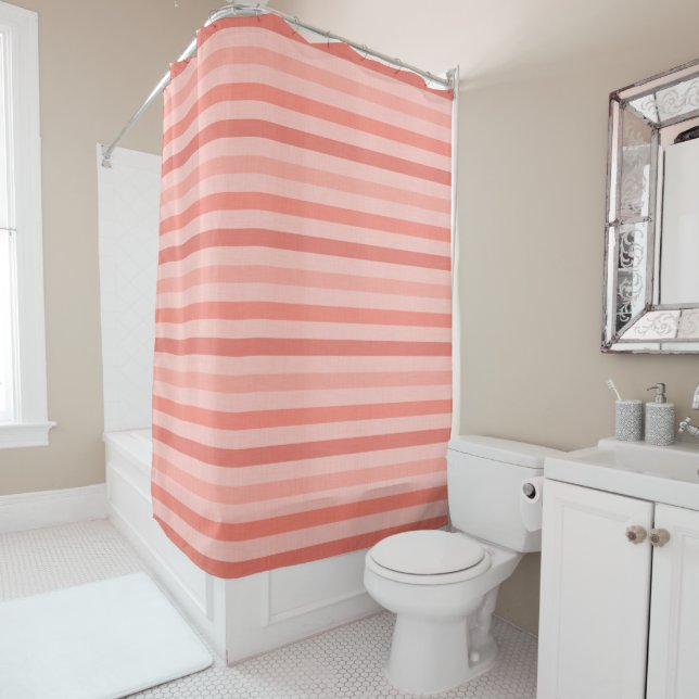 Pretty Pink and Coral Stripes Pattern Shower Curtain (In Situ)