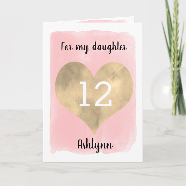 Pretty Pink and Gold 12th Birthday Daughter Card (Front)