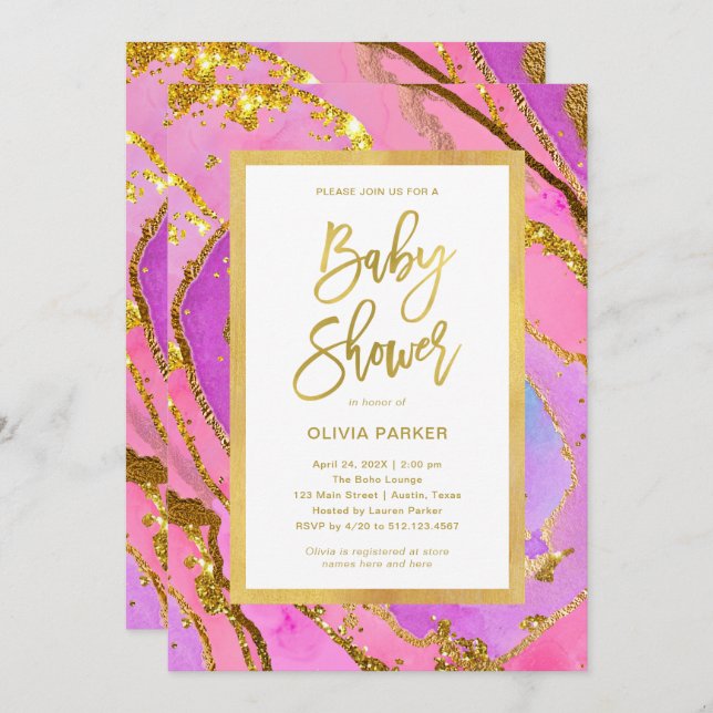 Pretty Pink and Gold Geode | Baby Shower Invitation (Front/Back)
