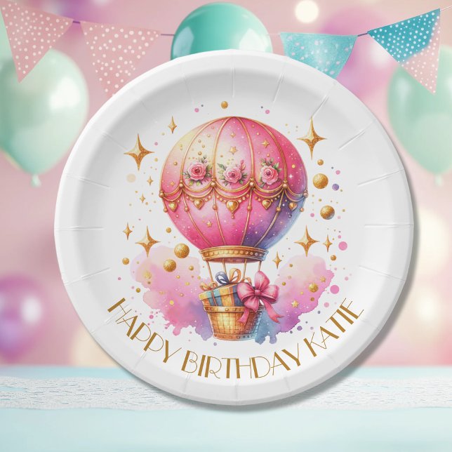Pretty Pink and Gold Hot Air Balloons Personalised Paper Plate (Creator Uploaded)