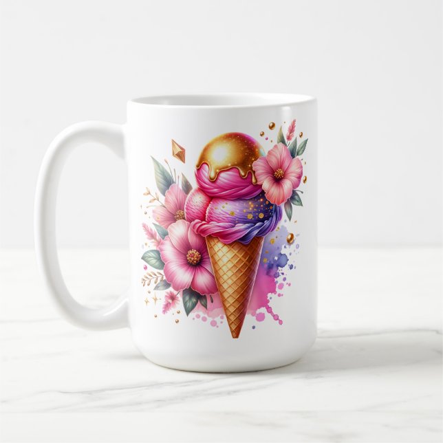 Pretty Pink and Gold Ice Cream Cone Personalised Coffee Mug (Left)