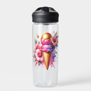 Pretty Pink and Gold Ice Cream Cone Personalised Water Bottle