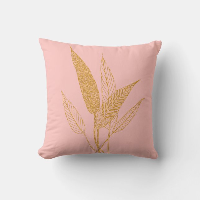 Pretty Pink and Gold Leaves Drawing Cushion (Front)
