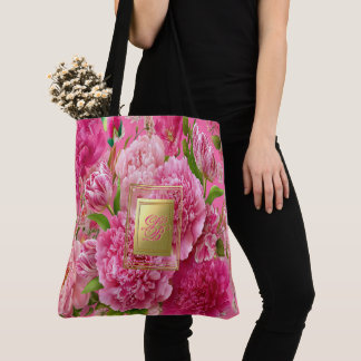 Pretty Pink and Green Floral Monogram Garden Tote Bag