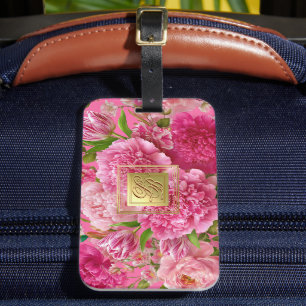Pretty Pink and Green Floral Monogram Luggage Tag